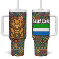 Sierra Leone Tumbler With Handle with Cute Lion Playing Djembe Drum and Tribal Pattern Design