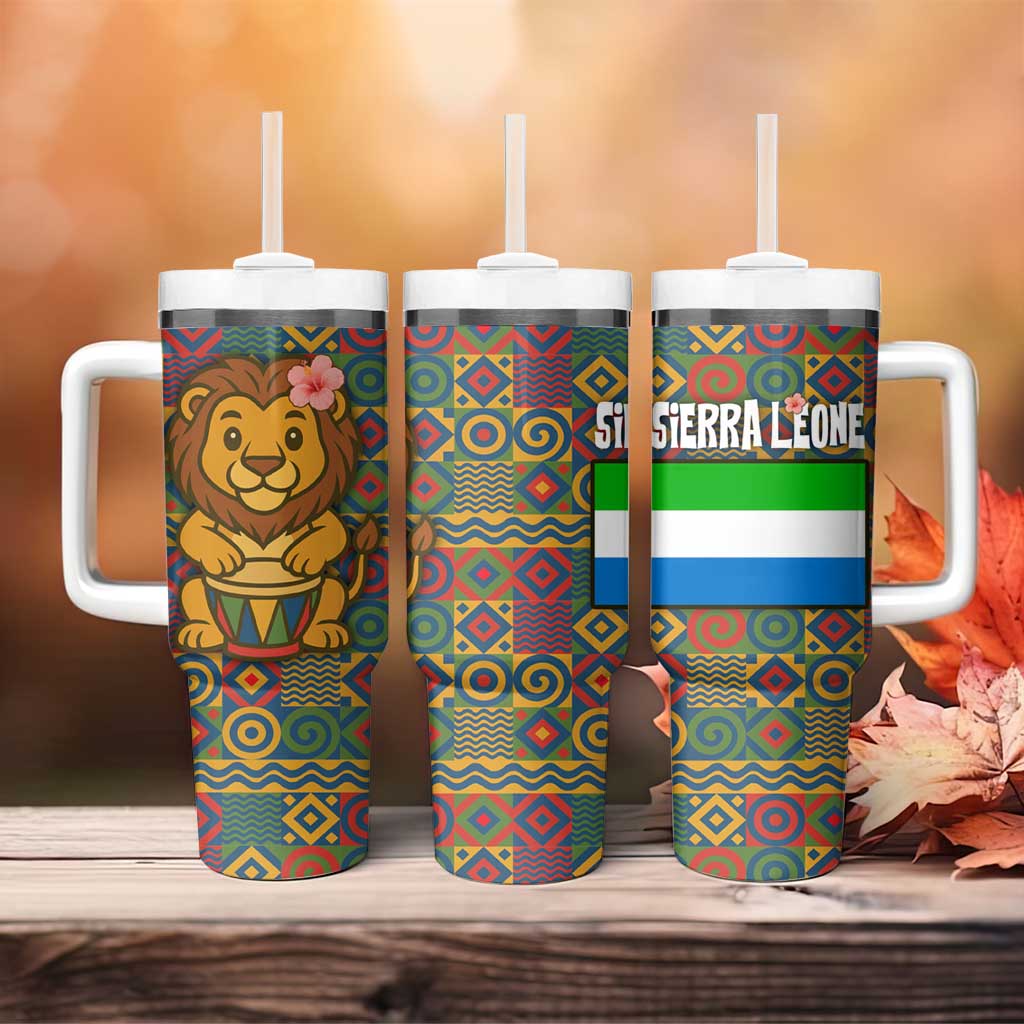 Sierra Leone Tumbler With Handle with Cute Lion Playing Djembe Drum and Tribal Pattern Design