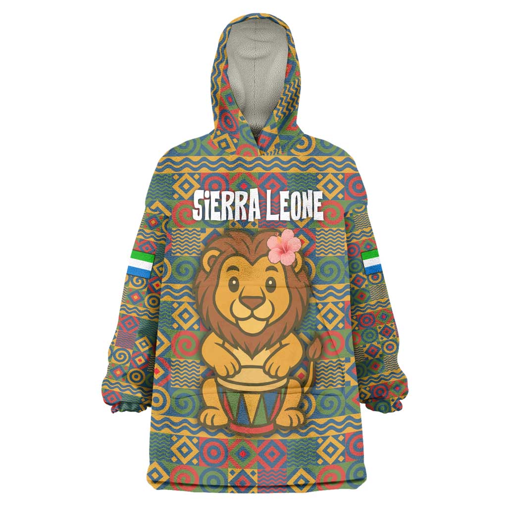 Sierra Leone Wearable Blanket Hoodie with Cute Lion Playing Djembe Drum and Tribal Pattern Design