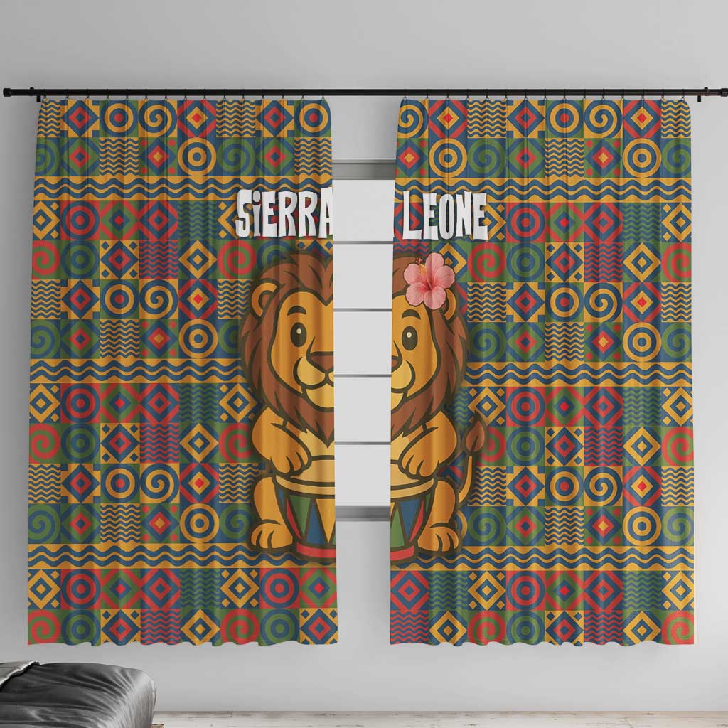 Sierra Leone Window Curtain with Cute Lion Playing Djembe Drum and Tribal Pattern Design