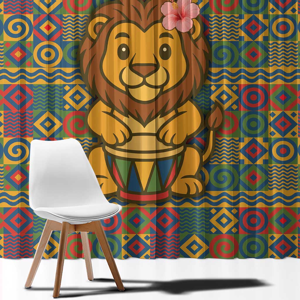 Sierra Leone Window Curtain with Cute Lion Playing Djembe Drum and Tribal Pattern Design