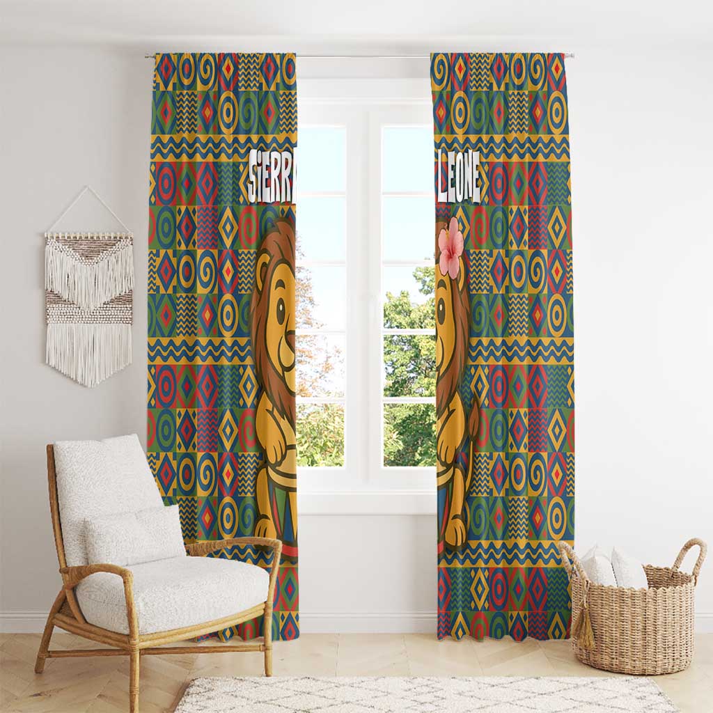 Sierra Leone Window Curtain with Cute Lion Playing Djembe Drum and Tribal Pattern Design