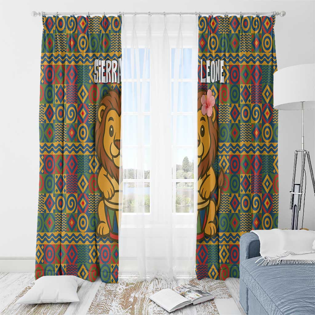 Sierra Leone Window Curtain with Cute Lion Playing Djembe Drum and Tribal Pattern Design