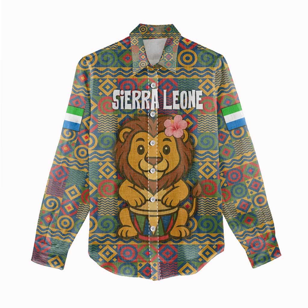 Sierra Leone Women Casual Shirt with Cute Lion Playing Djembe Drum and Tribal Pattern Design