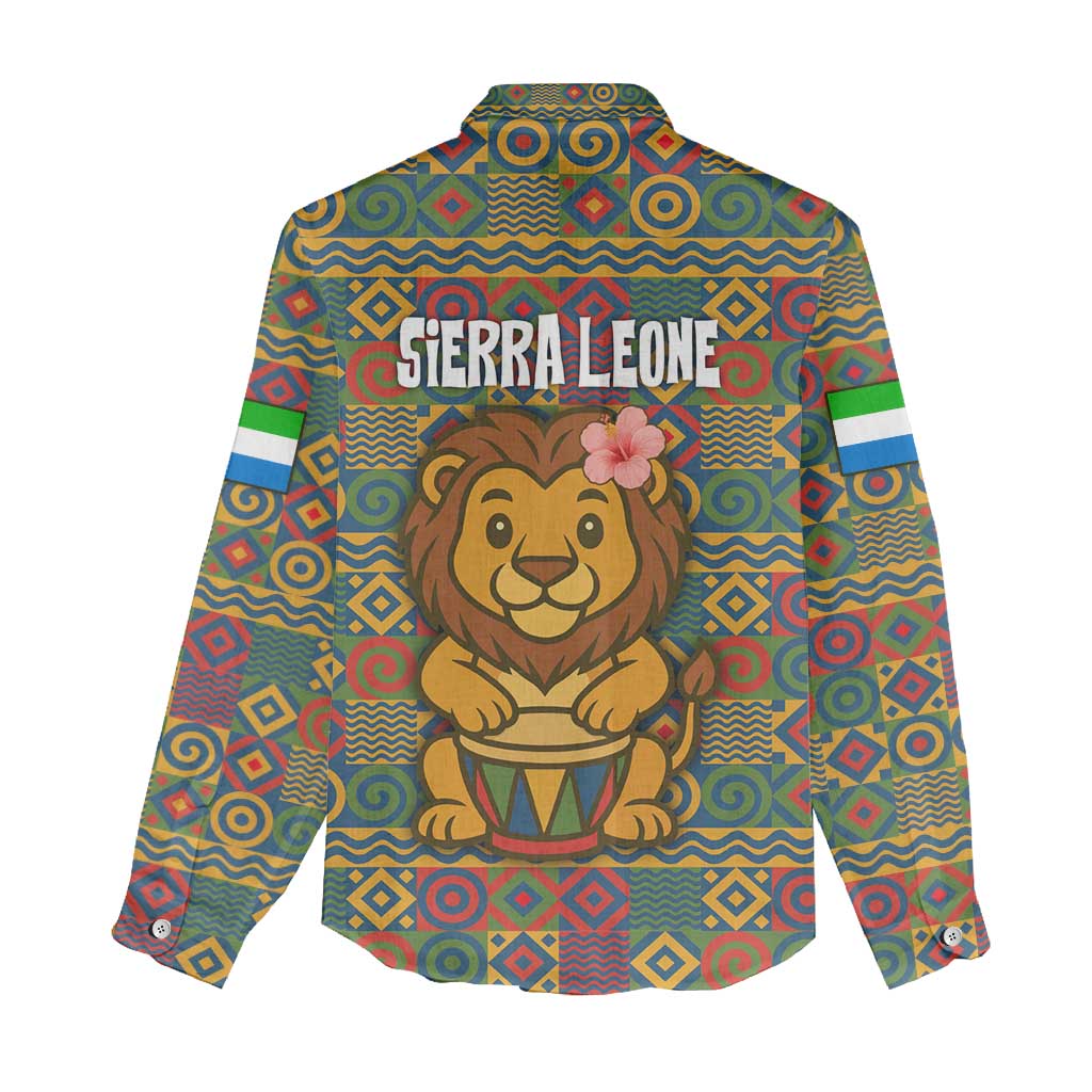 Sierra Leone Women Casual Shirt with Cute Lion Playing Djembe Drum and Tribal Pattern Design