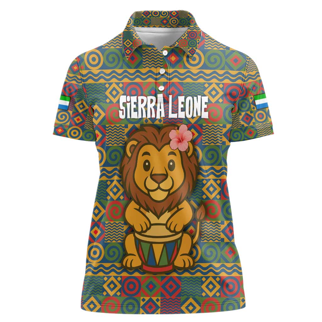 Sierra Leone Women Polo Shirt with Cute Lion Playing Djembe Drum and Tribal Pattern Design