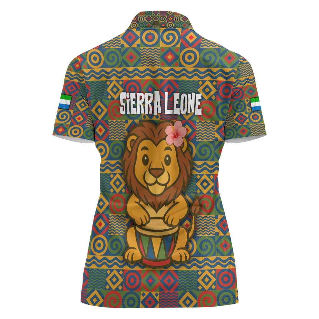 Sierra Leone Women Polo Shirt with Cute Lion Playing Djembe Drum and Tribal Pattern Design