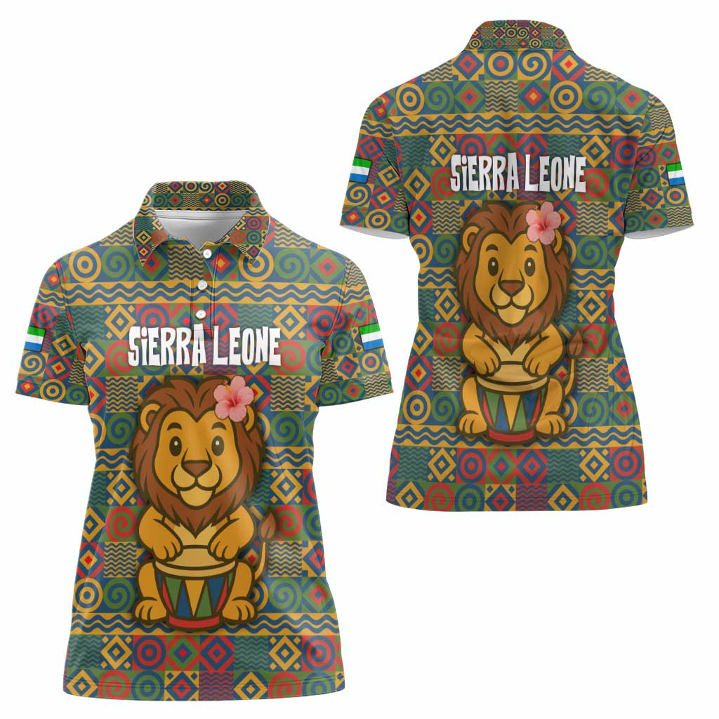 Sierra Leone Women Polo Shirt with Cute Lion Playing Djembe Drum and Tribal Pattern Design