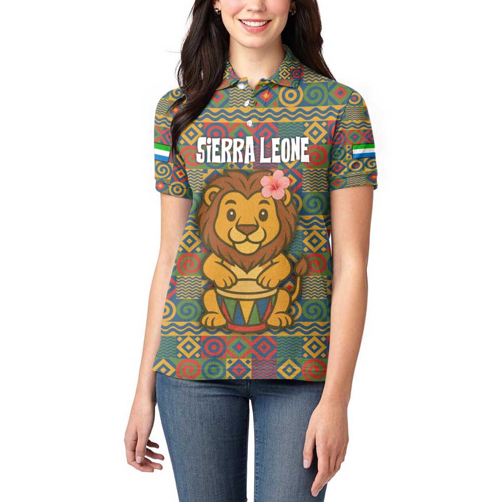 Sierra Leone Women Polo Shirt with Cute Lion Playing Djembe Drum and Tribal Pattern Design