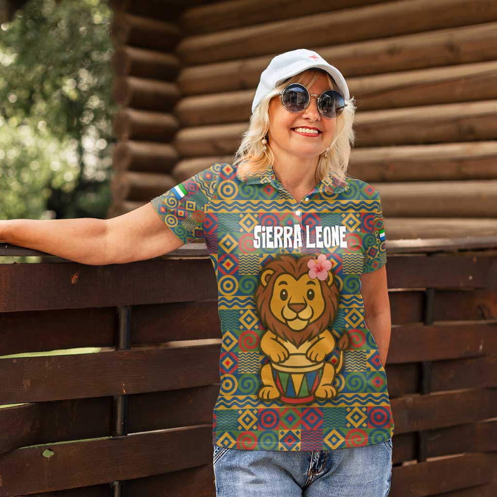 Sierra Leone Women Polo Shirt with Cute Lion Playing Djembe Drum and Tribal Pattern Design