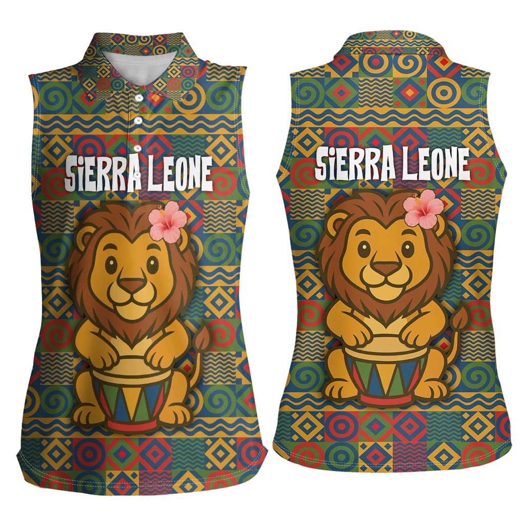 Sierra Leone Women Sleeveless Polo Shirt with Cute Lion Playing Djembe Drum and Tribal Pattern Design