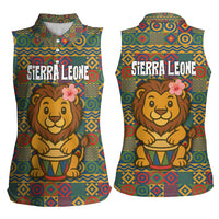Sierra Leone Women Sleeveless Polo Shirt with Cute Lion Playing Djembe Drum and Tribal Pattern Design