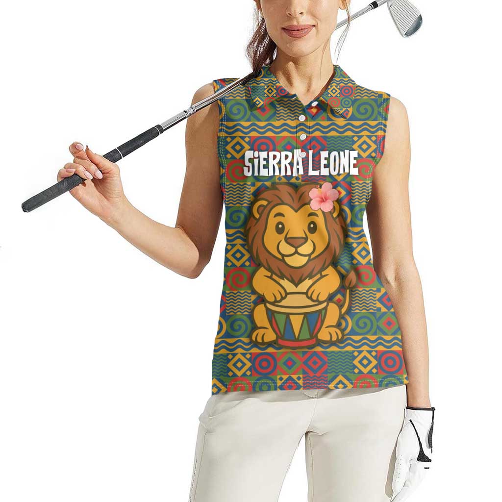 Sierra Leone Women Sleeveless Polo Shirt with Cute Lion Playing Djembe Drum and Tribal Pattern Design