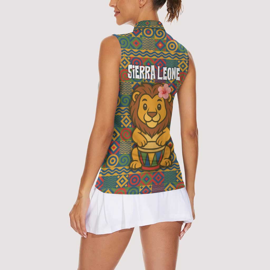 Sierra Leone Women Sleeveless Polo Shirt with Cute Lion Playing Djembe Drum and Tribal Pattern Design