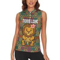 Sierra Leone Women Sleeveless Polo Shirt with Cute Lion Playing Djembe Drum and Tribal Pattern Design