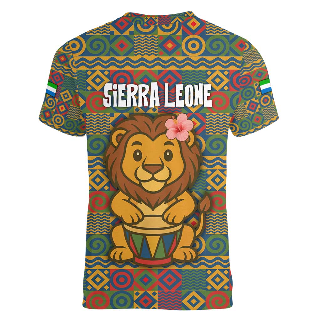 Sierra Leone Women V-Neck T-Shirt with Cute Lion Playing Djembe Drum and Tribal Pattern Design