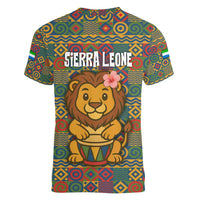 Sierra Leone Women V-Neck T-Shirt with Cute Lion Playing Djembe Drum and Tribal Pattern Design