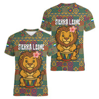 Sierra Leone Women V-Neck T-Shirt with Cute Lion Playing Djembe Drum and Tribal Pattern Design