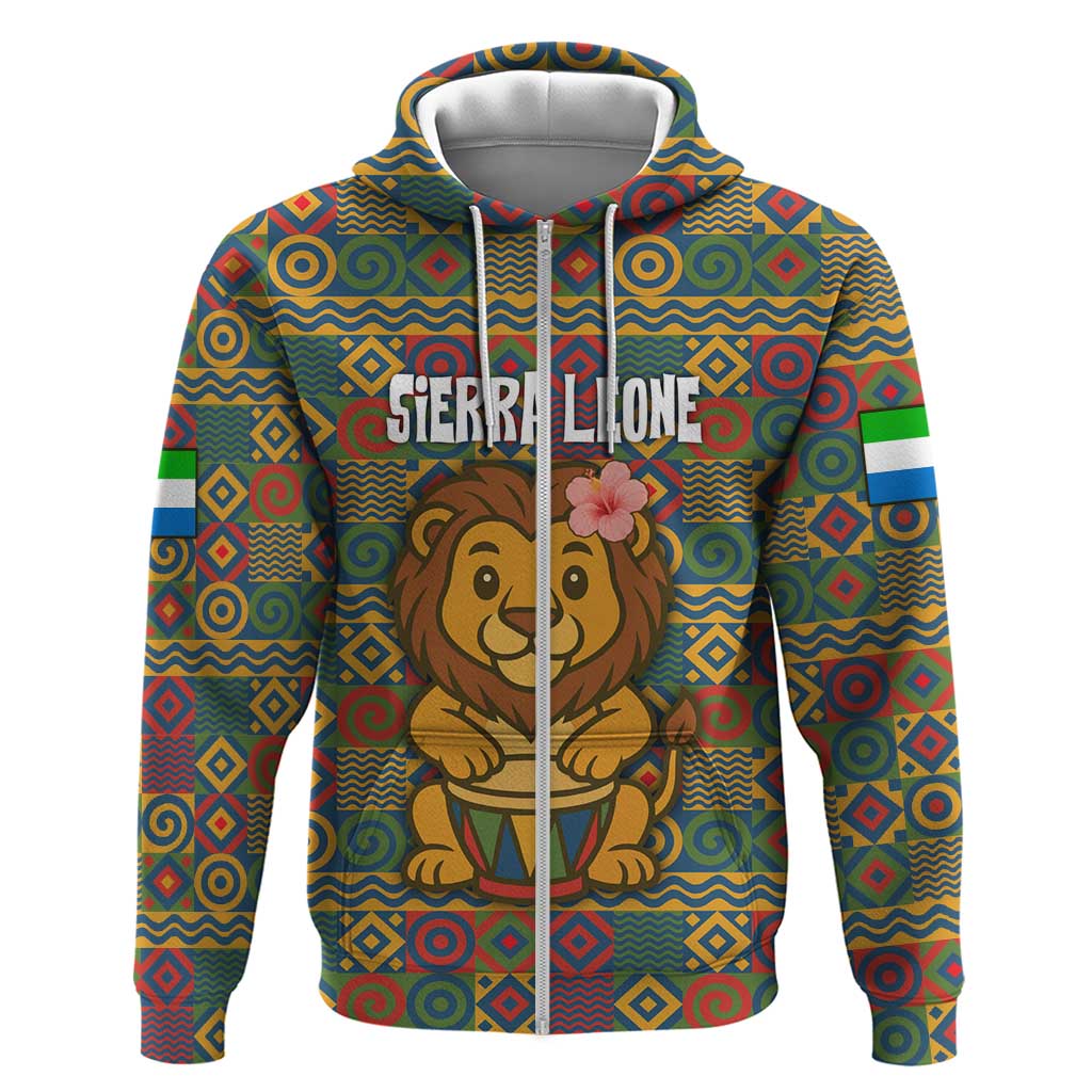 Sierra Leone Zip Hoodie with Cute Lion Playing Djembe Drum and Tribal Pattern Design
