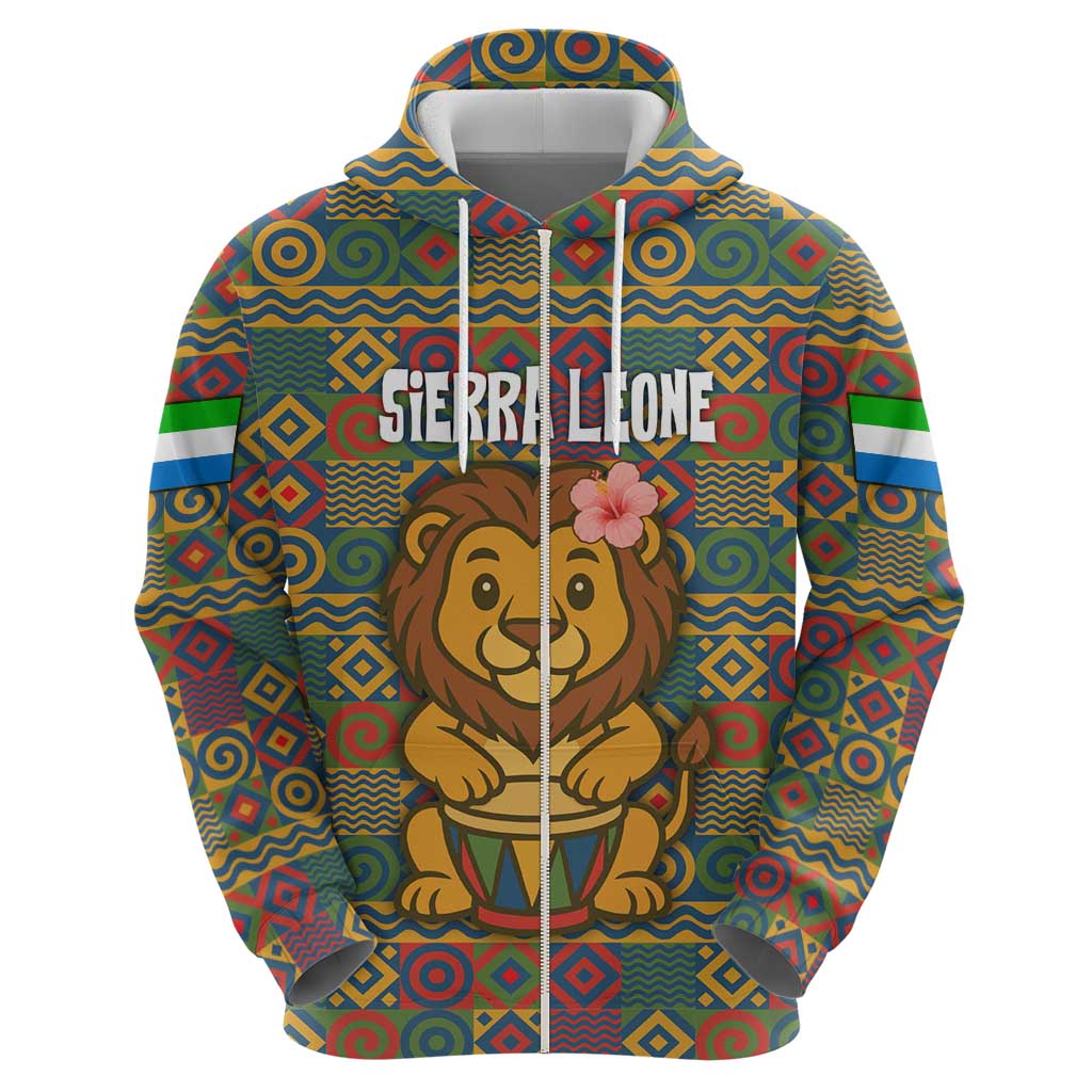 Sierra Leone Zip Hoodie with Cute Lion Playing Djembe Drum and Tribal Pattern Design