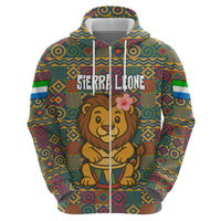 Sierra Leone Zip Hoodie with Cute Lion Playing Djembe Drum and Tribal Pattern Design