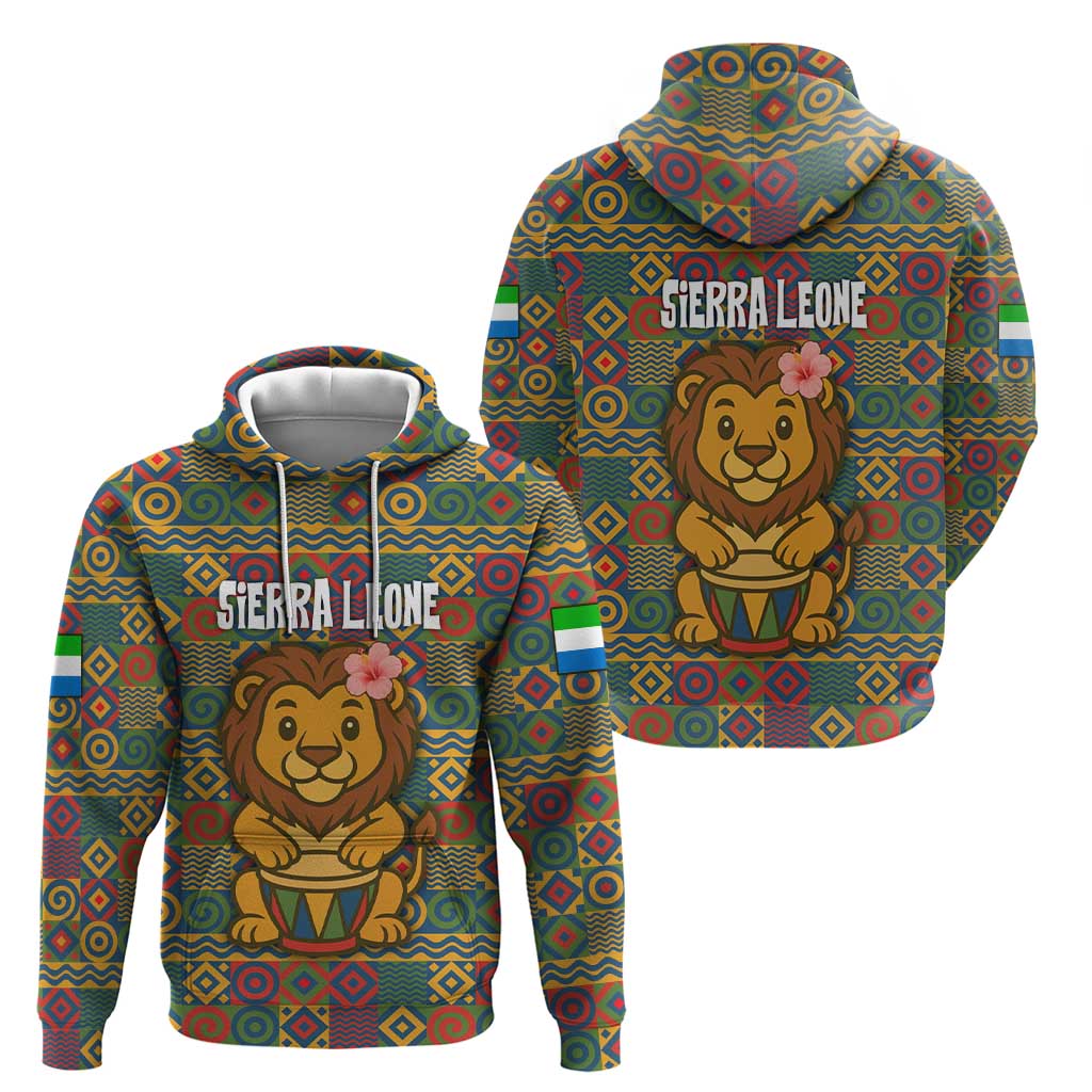 Sierra Leone Zip Hoodie with Cute Lion Playing Djembe Drum and Tribal Pattern Design