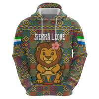 Sierra Leone Zip Hoodie with Cute Lion Playing Djembe Drum and Tribal Pattern Design