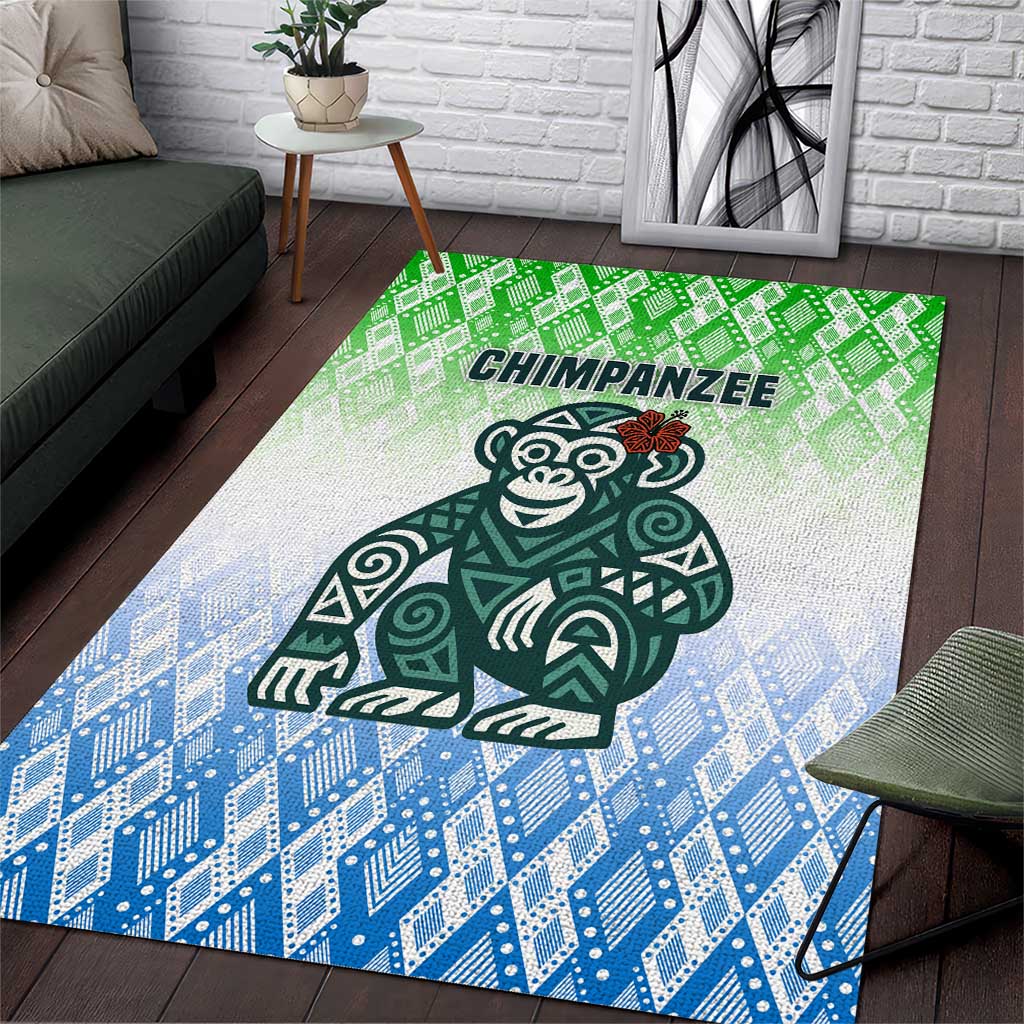 Sierra Leone Area Rug with Tribal Chimpanzee Design and Green Blue Gradient Pattern