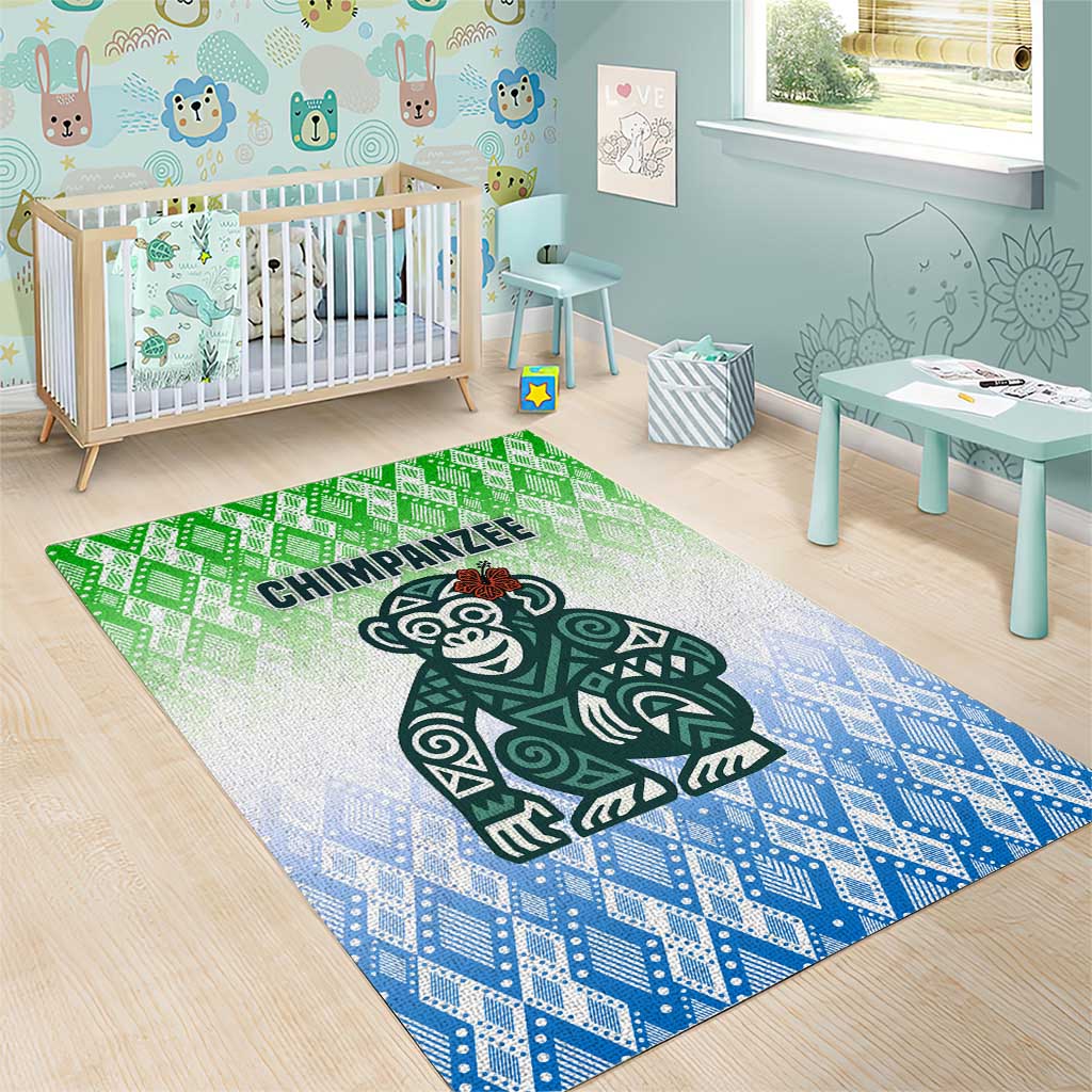 Sierra Leone Area Rug with Tribal Chimpanzee Design and Green Blue Gradient Pattern