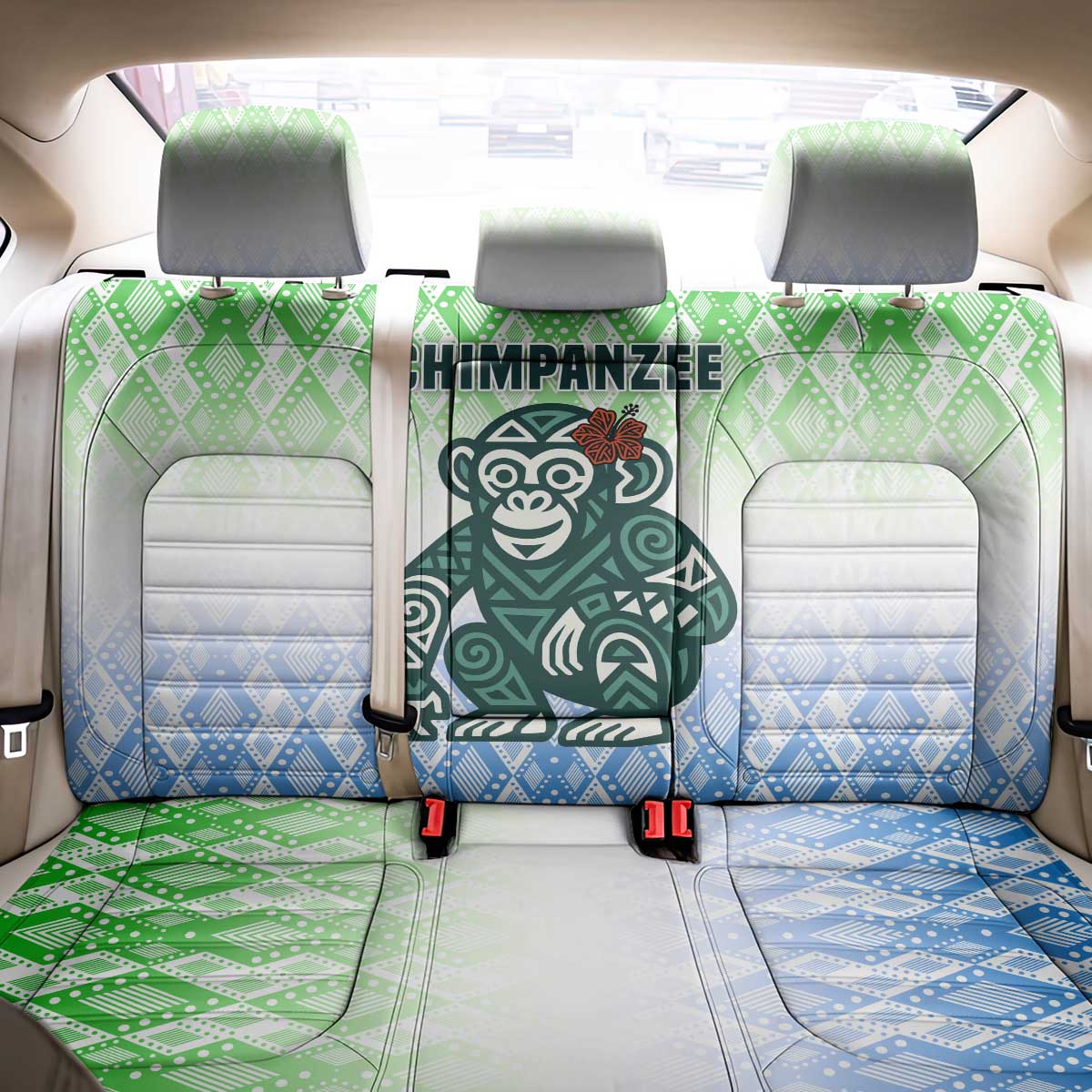 Sierra Leone Back Car Seat Cover with Tribal Chimpanzee Design and Green Blue Gradient Pattern