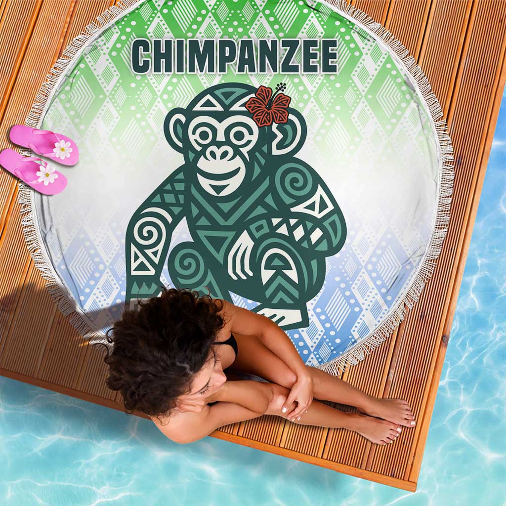 Sierra Leone Beach Blanket with Tribal Chimpanzee Design and Green Blue Gradient Pattern