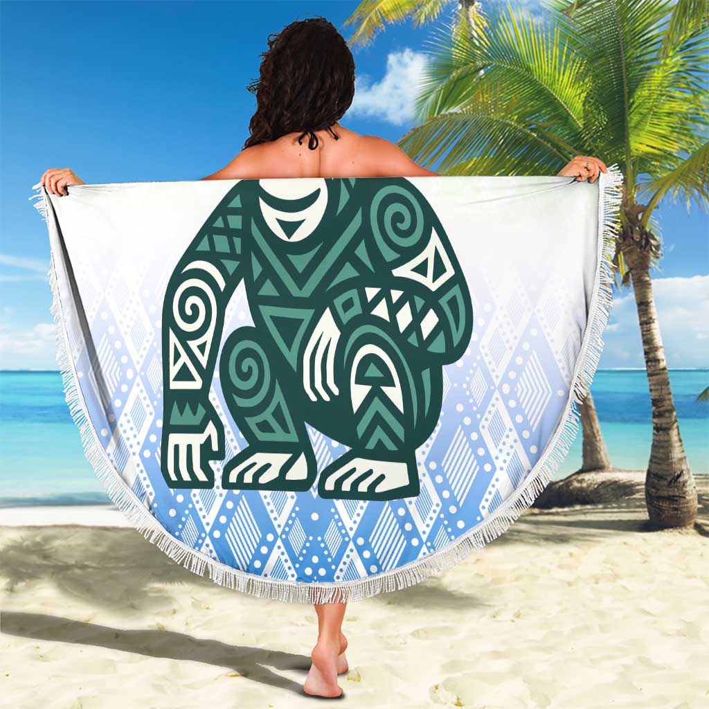 Sierra Leone Beach Blanket with Tribal Chimpanzee Design and Green Blue Gradient Pattern