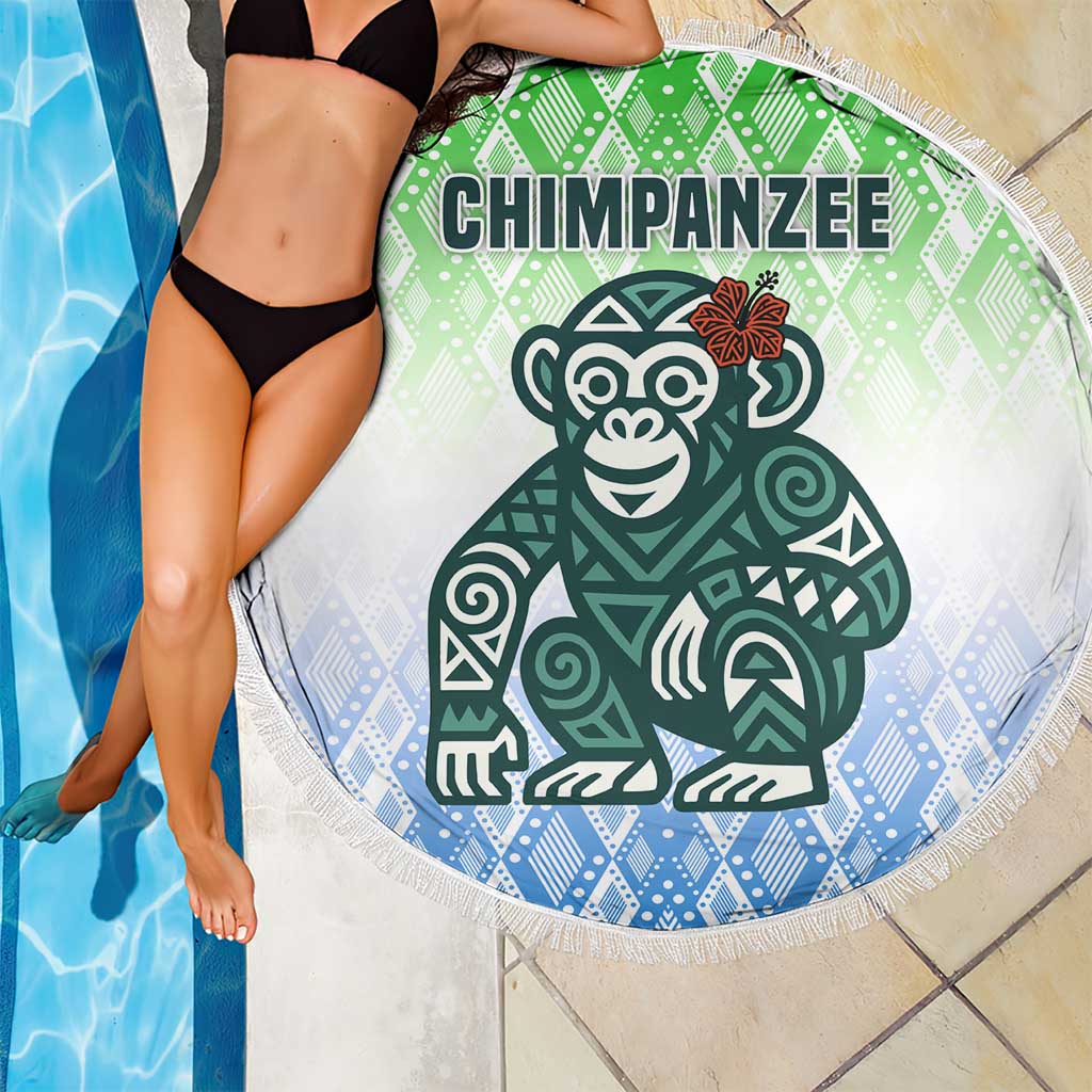 Sierra Leone Beach Blanket with Tribal Chimpanzee Design and Green Blue Gradient Pattern