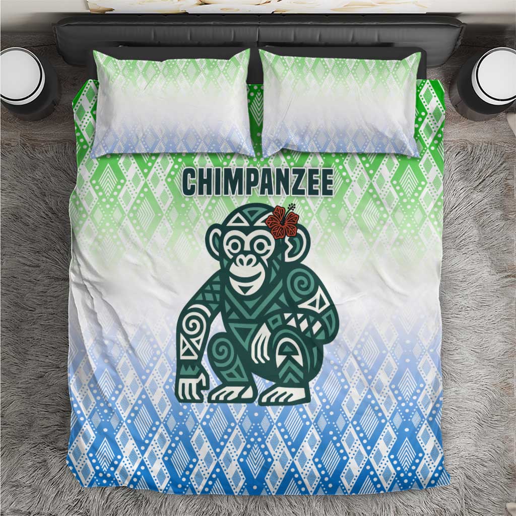 Sierra Leone Bedding Set with Tribal Chimpanzee Design and Green Blue Gradient Pattern