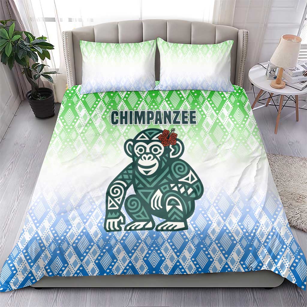 Sierra Leone Bedding Set with Tribal Chimpanzee Design and Green Blue Gradient Pattern