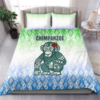 Sierra Leone Bedding Set with Tribal Chimpanzee Design and Green Blue Gradient Pattern