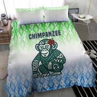 Sierra Leone Bedding Set with Tribal Chimpanzee Design and Green Blue Gradient Pattern