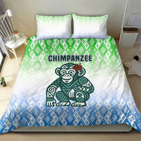 Sierra Leone Bedding Set with Tribal Chimpanzee Design and Green Blue Gradient Pattern