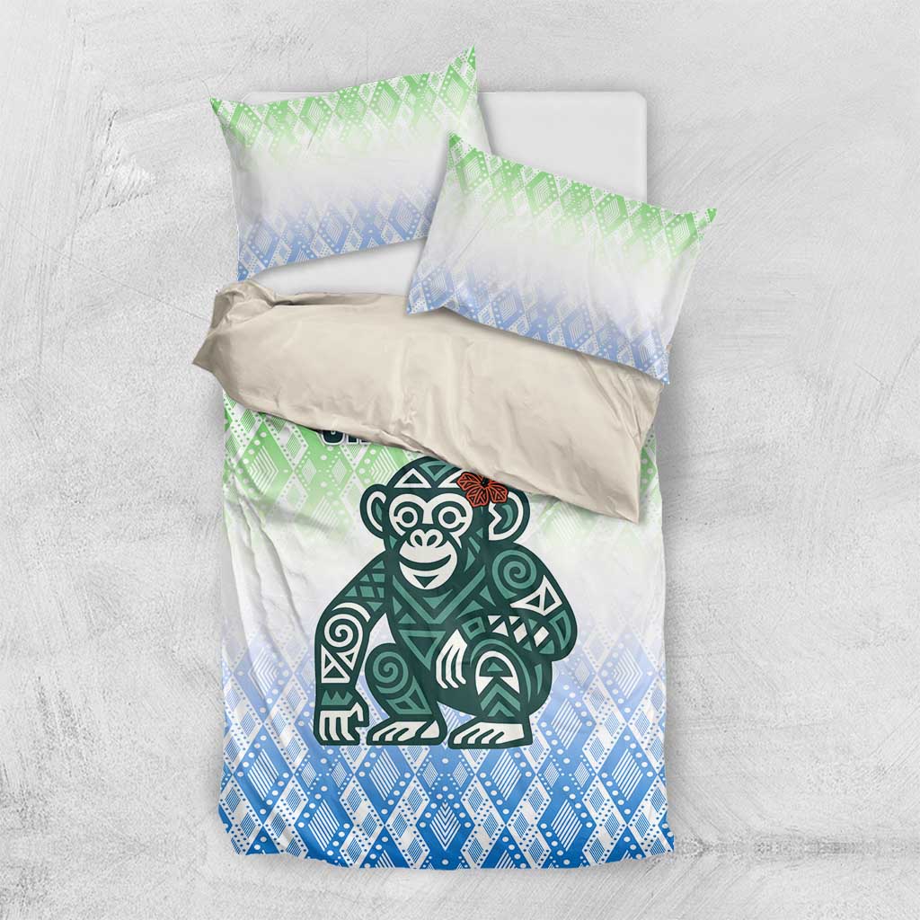 Sierra Leone Bedding Set with Tribal Chimpanzee Design and Green Blue Gradient Pattern