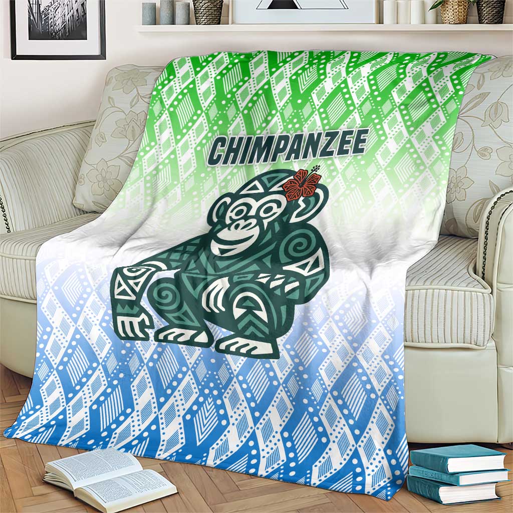 Sierra Leone Blanket with Tribal Chimpanzee Design and Green Blue Gradient Pattern