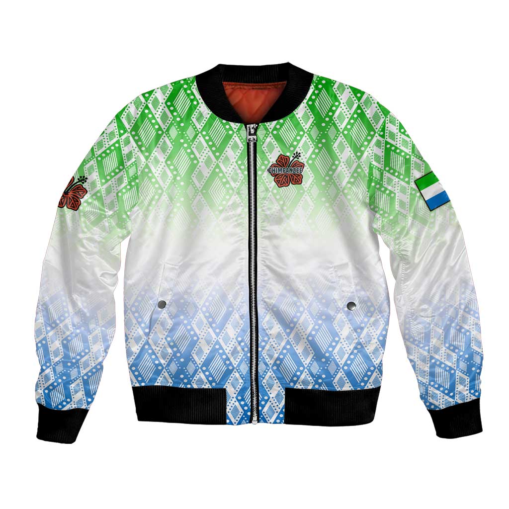 Sierra Leone Bomber Jacket with Tribal Chimpanzee Design and Green Blue Gradient Pattern
