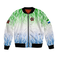 Sierra Leone Bomber Jacket with Tribal Chimpanzee Design and Green Blue Gradient Pattern