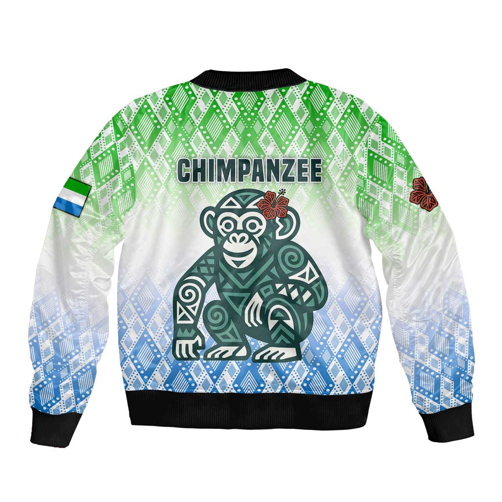 Sierra Leone Bomber Jacket with Tribal Chimpanzee Design and Green Blue Gradient Pattern