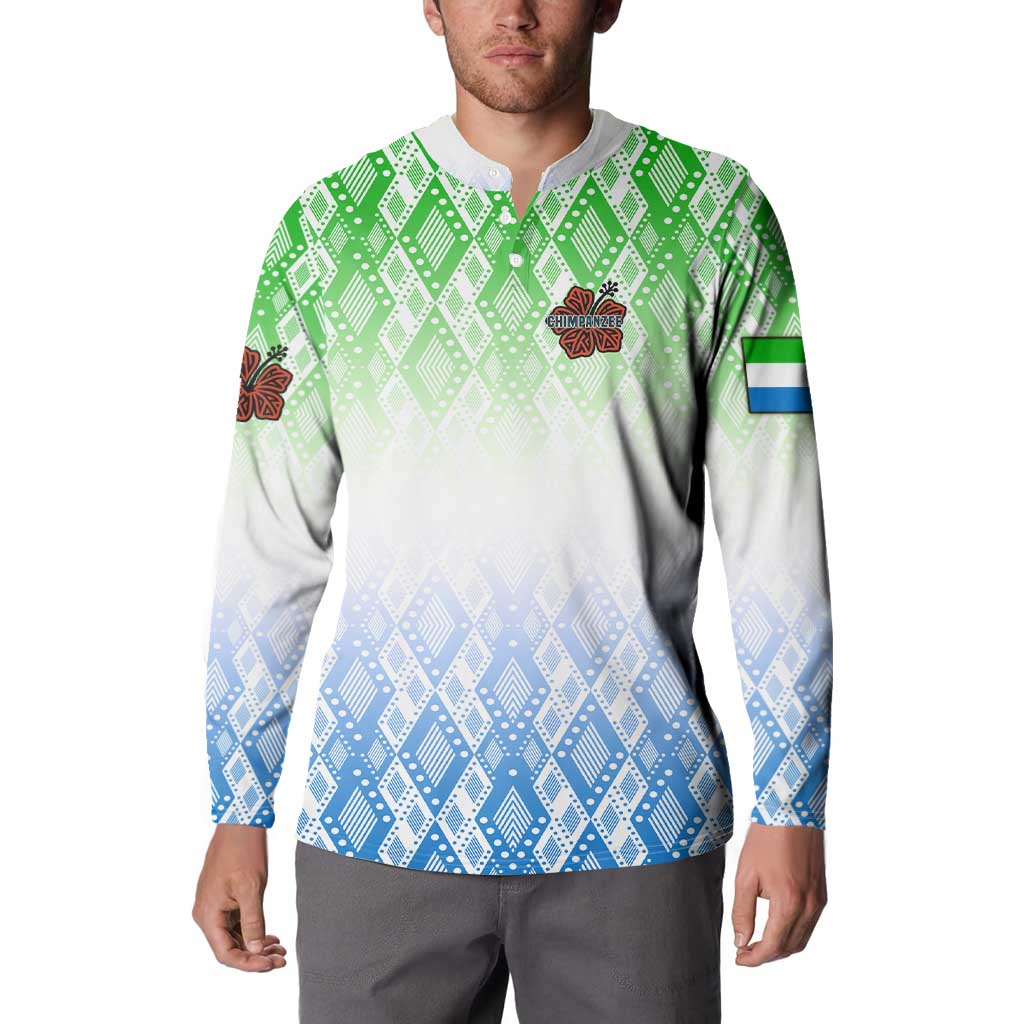 Sierra Leone Button Sweatshirt with Tribal Chimpanzee Design and Green Blue Gradient Pattern