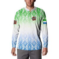 Sierra Leone Button Sweatshirt with Tribal Chimpanzee Design and Green Blue Gradient Pattern