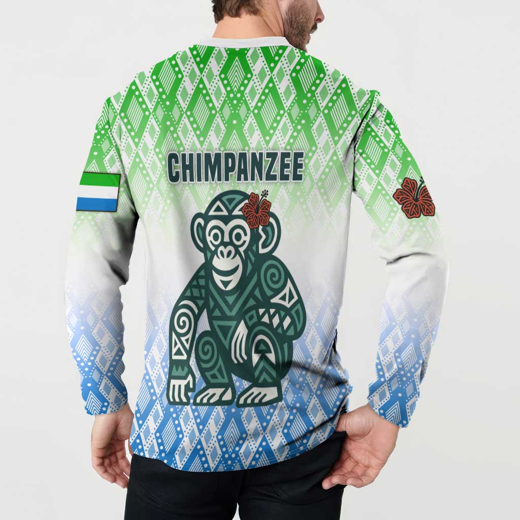 Sierra Leone Button Sweatshirt with Tribal Chimpanzee Design and Green Blue Gradient Pattern