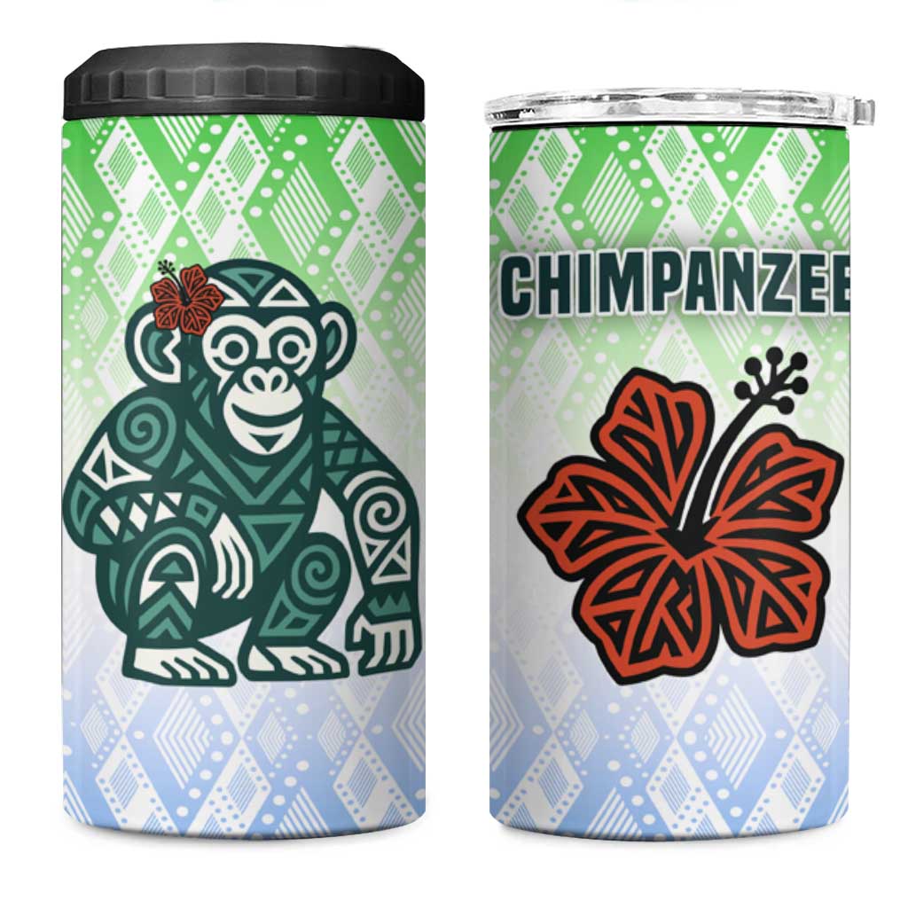 Sierra Leone 4 in 1 Can Cooler Tumbler with Tribal Chimpanzee Design and Green Blue Gradient Pattern
