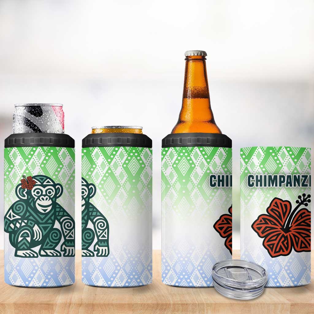 Sierra Leone 4 in 1 Can Cooler Tumbler with Tribal Chimpanzee Design and Green Blue Gradient Pattern