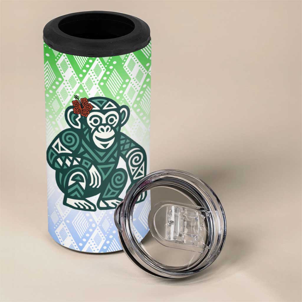 Sierra Leone 4 in 1 Can Cooler Tumbler with Tribal Chimpanzee Design and Green Blue Gradient Pattern