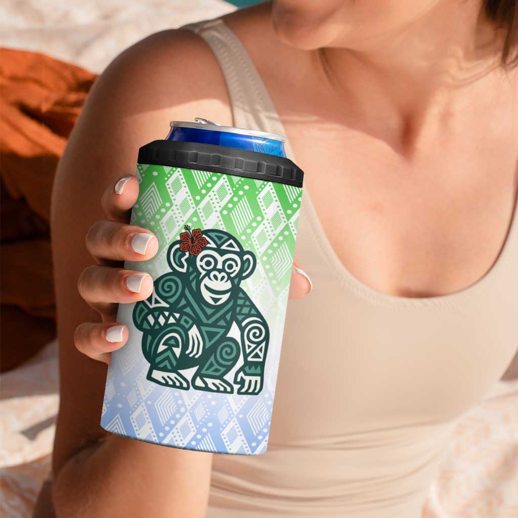 Sierra Leone 4 in 1 Can Cooler Tumbler with Tribal Chimpanzee Design and Green Blue Gradient Pattern